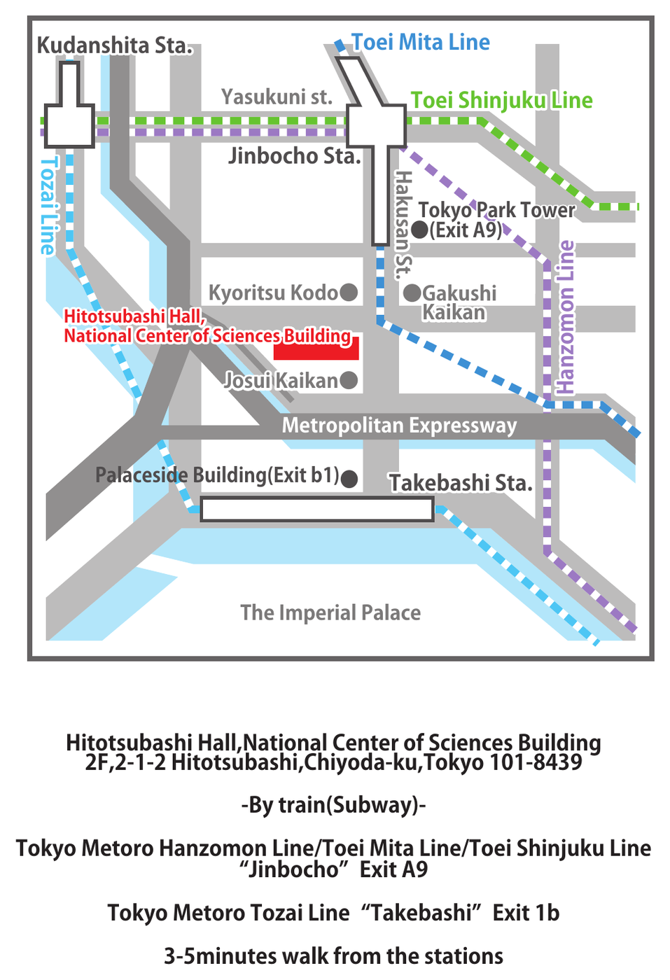 Official Hitotsubashi Hall access map showing Jimbocho and Takebashi stations